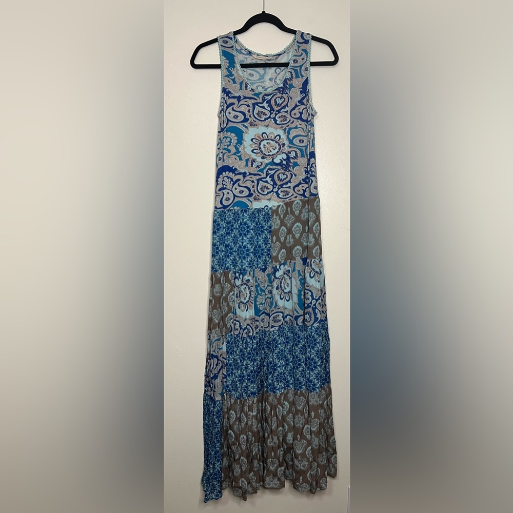 Soft Surroundings Boho Patchwork Maxi Dress Blue Brown‎ Paisley XS Sleeveless